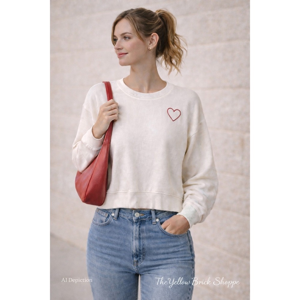 Happily Grey White Long Sleeve Top w/ Embroidered Heart – Size‎ L